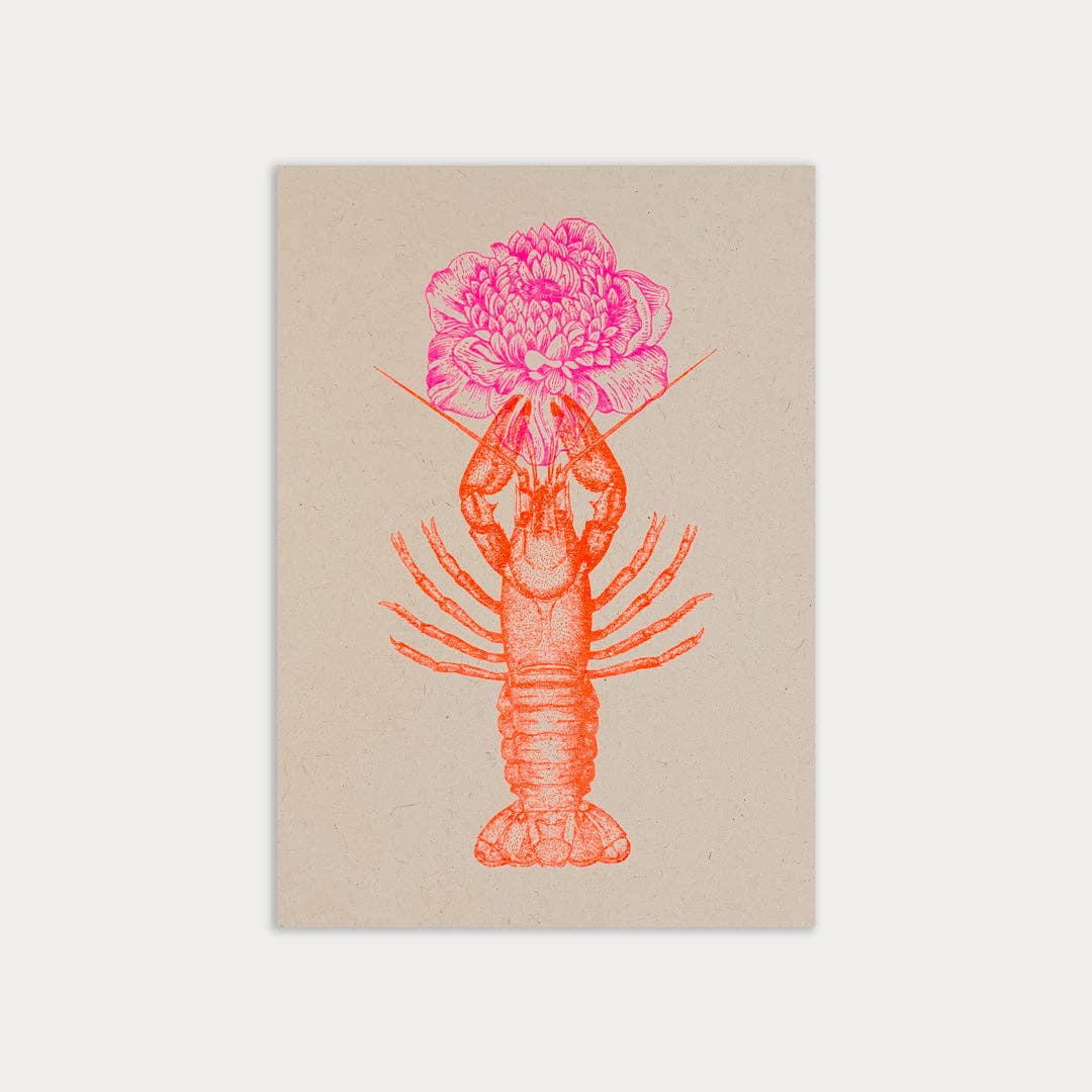 Postkarte / Hummer mit Blume / Riso-Druck