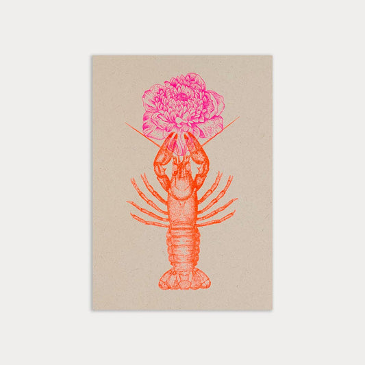 Postkarte / Hummer mit Blume / Riso-Druck