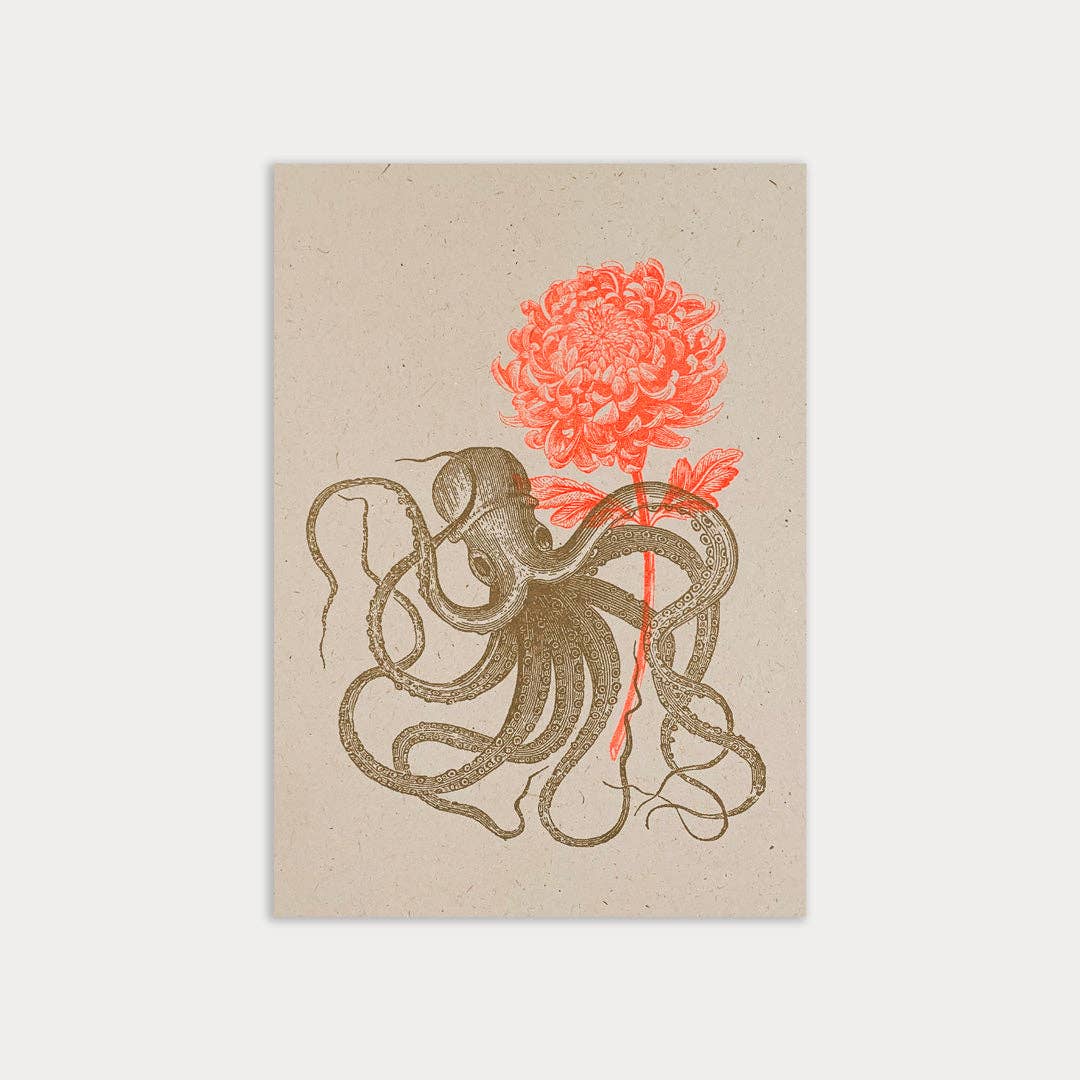 Postkarte / Oktopus mit Blume / Ökopapier